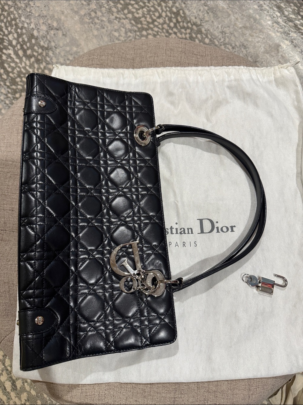 Lady Dior Black Quilted Leather Tote Bag with Silver Hardware
